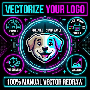 Op de afbeelding: Een neon-stijl grafische advertentie voor logo-vectorisatiediensten. De centrale afbeelding toont een hondengezicht verdeeld tussen een gepixelde kant en een scherpe vectorkant. Tekst bevat VECTORIZE YOUR LOGO, EDITABLE FILES, PRINT READY en 100% MANUAL VECTOR REDRAW.