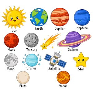 May include: A collection of colourful cartoon illustrations featuring the Sun, Earth, Jupiter, Neptune, Mars, Mercury, a shooting star, Saturn, the Moon, Uranus, a satellite, a star, Pluto, and Venus, each labelled with its respective name in black text.