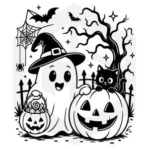May include: A black and white line art illustration featuring a smiling ghost wearing a witch hat, holding a small jack-o'-lantern candy bucket. Beside the ghost is a large jack-o'-lantern with a black cat sitting on top, set against a spooky tree.