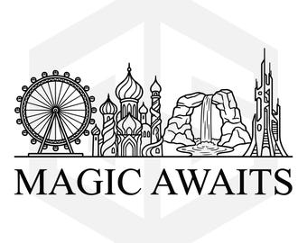 Silueta de parque temático en formato SVG, silueta de parque de atracciones, silueta de castillo en formato SVG, archivo de corte para viajes de vacaciones, silueta de parque de fantasía, descarga digital para Cricut.
