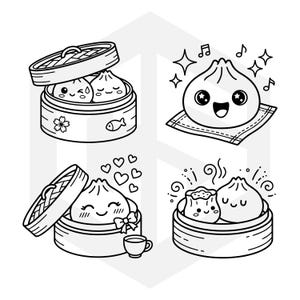 May include: A black and white line art illustration featuring four distinct scenes of anthropomorphic dumplings. The drawings include dumplings in bamboo steamers, one with a bow, one with hearts, and one with musical notes, all with expressive faces.