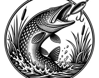 SVG de pesca de muskie vintage, archivo de corte Cricut de lucio del norte, clipart de silueta de cebo de pescador de lago, PNG de pez de agua dulce, descarga instantánea