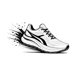 May include: A black and white graphic illustration of a running shoe featuring a mesh upper, lace-up closure, and a thick cushioned sole. The design includes a dynamic ink splatter effect trailing behind the heel to suggest rapid motion.
