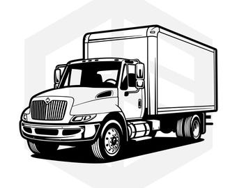 SVG de camión de caja, SVG de camión de reparto, imágenes prediseñadas de camión de carga, SVG de vehículo de transporte, archivos para Cricut y corte láser, descarga digital