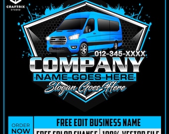 Puede incluir: Ilustración de una furgoneta azul con el texto "COMPANY" y "NAME GOES HERE" sobre un fondo negro. La imagen también incluye el texto "Slogan Goes Here" y un número de teléfono. El diseño incluye el texto "FREE EDIT BUSINESS NAME" y "FREE COLOR CHANGE".