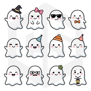 May include: A collection of twelve white cartoon ghost illustrations arranged in a grid. Each ghost features a unique accessory or expression, including hats, bows, sunglasses, party caps, glasses, a mustache, a flower, and a small glowing lantern.