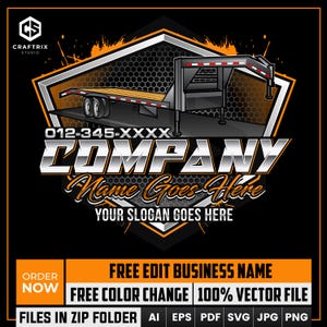 Könnte beinhalten: Schwarz-oranges Grafikdesign mit einer Anhänger-Illustration. Das Design enthält den Text „COMPANY“, „Name Goes Here“ und „Your Slogan Goes Here“. Zusätzlicher Text enthält „FREE EDIT BUSINESS NAME“ und „100% VECTOR FILE“.