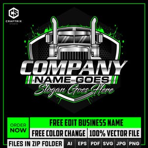 May include: A logo design featuring a silver semi-truck illustration. The text includes "COMPANY", "NAME GOES", and "Slogan Goes Here". The design is set against a black background with green accents and the text "FREE EDIT BUSINESS NAME".