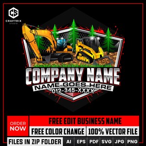 Skid Steer and Excavator Logo, Excavation Logo, Land Clearing Logo, Construction Logo, Heavy Equipment Logo, Earthmoving Logo, Backhoe Logo