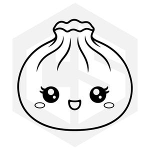 May include: A black and white line art illustration of a dumpling with a pleated top. The dumpling features a face with large, round, dark eyes, long eyelashes, a small smiling mouth, and two oval-shaped rosy cheeks on a light grey hexagonal background.