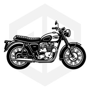 Peut inclure: Une illustration graphique en noir et blanc d'une moto vue de profil. La moto présente un réservoir de carburant avec un logo visible, une selle nervurée, des roues à rayons, un phare rond et un système de pot d'échappement horizontal.