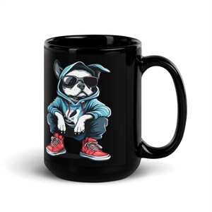 Black glossy mug - cartoon dog with hoodie