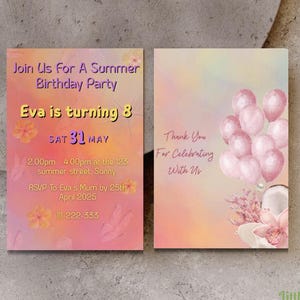 Convite de aniversário de verão | Convite de aniversário de verão para menina | Convite editável para festa infantil | Convite de aniversário para o verão | Modelo para impressão