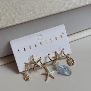 Ocean Inspired Starfish Hoop Earring set Gold Sea Charms Natural Stone Boho Jewelry