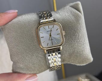 Reloj de pulsera de acero inoxidable bicolor para mujer: cuarzo, esfera cuadrada minimalista, regalo elegante.