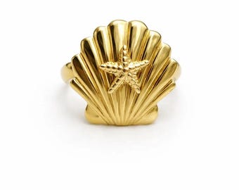 Gold Plated Seashell Ring Adjustable Women’s Statement Jewelry