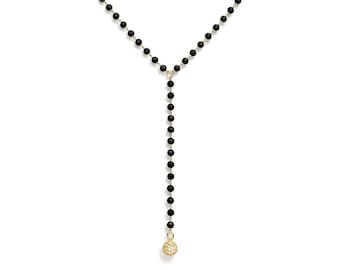 Black Beaded Y Necklace Gold, Rosary Style Necklace, Dainty Drop Necklace, Minimal Layering Jewelry, Gift for Her