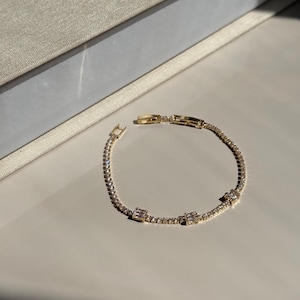 Gold Tennis Bracelet with Baguette Cubic Zirconia – Dainty Crystal Chain Jewelry