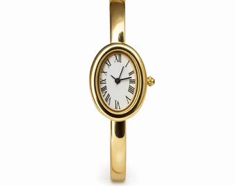 Gold Stainless Steel Women’s Bracelet Watch – Oval Roman Dial Bangle Style Quartz Gift