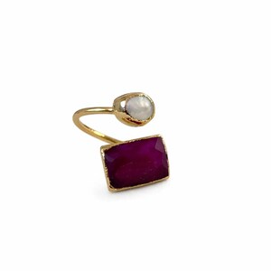 Filigree Ruby & Pearl Ring, Handmade Gold Open Ring, Adjustable Luxury Statement Ring, Artisan Jewelry Gift