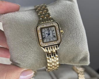Reloj de pulsera de acero inoxidable dorado para mujer, esfera cuadrada, bisel de cristal, cuarzo, regalo