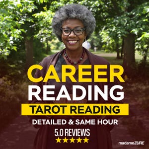 May include: An image featuring a smiling woman wearing glasses and a necklace, set against a blurred outdoor background. Bold yellow text reads "CAREER READING" and "TAROT READING". Additional text states "DETAILED & SAME HOUR" and "5.0 REVIEWS".