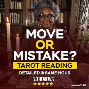 May include: An image featuring a smiling woman with glasses, in front of a bookshelf, with the text "MOVE OR MISTAKE?" and "TAROT READING". The image also includes lit candles and a cup.
