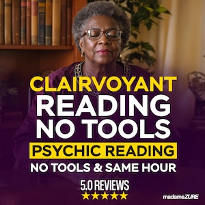 May include: An image featuring a woman with glasses, eyes closed, and a serene expression. Bold yellow text reads "CLAIRVOYANT READING NO TOOLS PSYCHIC READING." Below, text states "NO TOOLS & SAME HOUR" and "5.0 REVIEWS" with five gold stars.