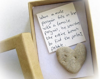 Penguin Love card, valenrines day card, romantic card for her, Unique Card for her, penguin rock card, heart shaped rock in a box, beach sea