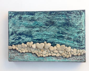 Pebble Art, Heart Rocks Mixed Media Art, MedBeachStone, Beach House Decor, 3d wall Art, Unique ooak Gift, New home housewarming gift, beach