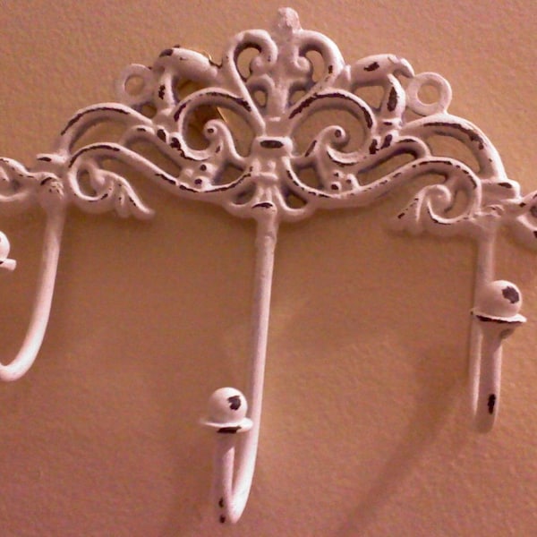 Treasury Item - Shabby Chic Key Holder, Wall Hook, WhITE SAtIN in COLoR, HarDWAre IS inCLUded