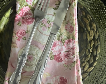 Handmade Teacup Pink Cloth Napkin: Shabby Chic Party Decor