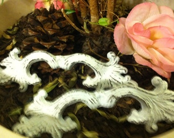 Shabby Chic Cast Iron Drawer Pulls: White Leaf Knobs - Set of 2