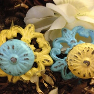 May include: Two decorative cabinet knobs. One is yellow with a turquoise centre, the other is turquoise with a yellow centre. Both have a distressed, vintage appearance. The knobs are set against a background of dried leaves and a white flower.