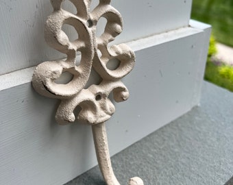 Shabby Chic Cast Iron Wall Hook: Ivory Distressed Decor