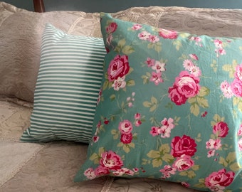 Pillow Covers/ Shabby Chic Pillow Cover/ Teal Strip Pillow Cover/ Pink Flower and Teal Blue Pillow Cover/ Handmade Pillow Cover