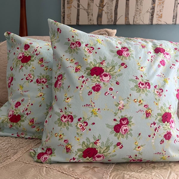 Pillow Covers/ Shabby Chic Pillow Cover/ Light Blue with Roses Pillow Covers / Handmade