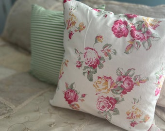 Pillow Covers/ Shabby Chic Pillow Cover/ Light Green Strip Pillow Cover/ Pink Flower Pillow Cover/ 2 Pillow Covers/ Handmade Pillow Cover