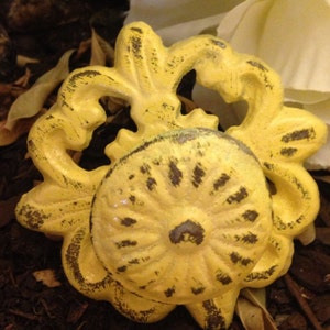 May include: A yellow metal cabinet knob with a decorative floral design. The knob has a distressed finish with black accents.