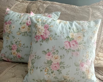 Pillow Covers/ Shabby Chic Pillow Cover/ Light Blue Pillow Cover/ Pink Flower Pillow Cover/ 2 Pillow Covers/ Handmade Pillow Cover