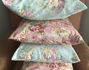 Pillow Covers/ Shabby Chic Pillow Cover/ Light Blue, Pink Teacup Pillow Cover/ 2 Pillow Covers/ Handmade Pillow Cover