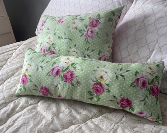 Handmade Floral Pillow Cover Set: Green, Pink, 100% Cotton
