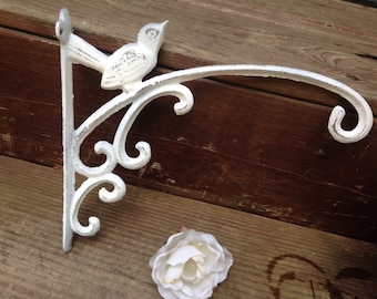 Distressed White Cast Iron Plant Hanger with Bird Decor (Hardware Included)