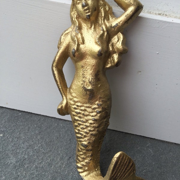 Gold Mermaid Hook: Cast Iron Nautical Beach Decor