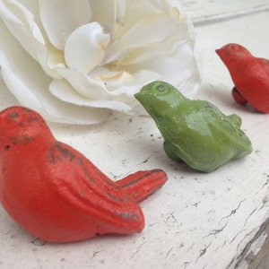 May include: Three small bird figurines, one red, one green, and one red. The figurines are made of a textured material and have a distressed look.