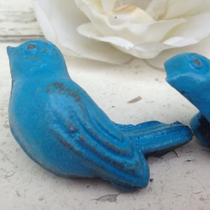 May include: Two blue bird figurines with a distressed finish. The birds are facing each other and are made of metal.