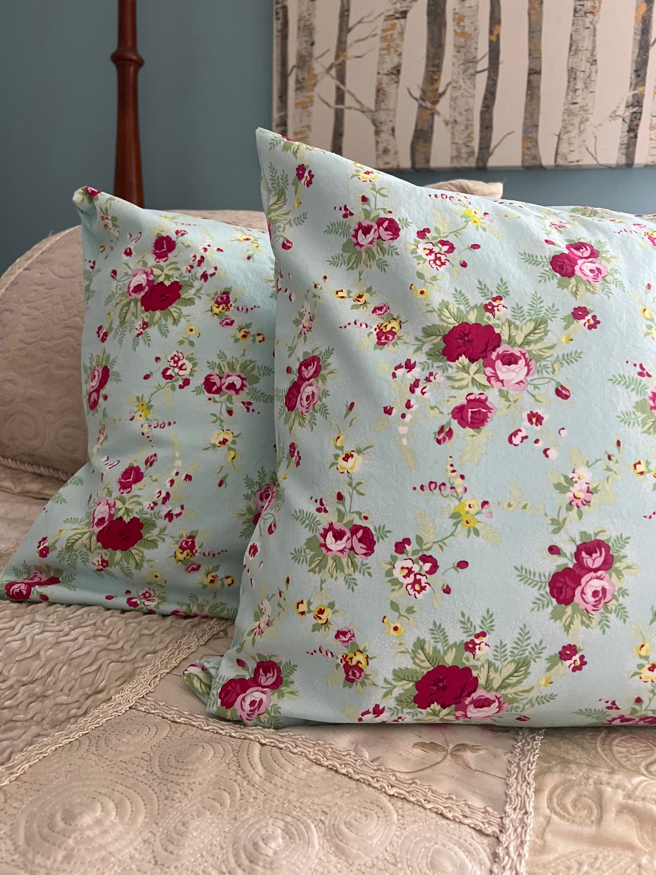 Pillow Covers Shabby Chic Pillow Cover Light Blue With Roses Pillow Covers Handmade Etsy