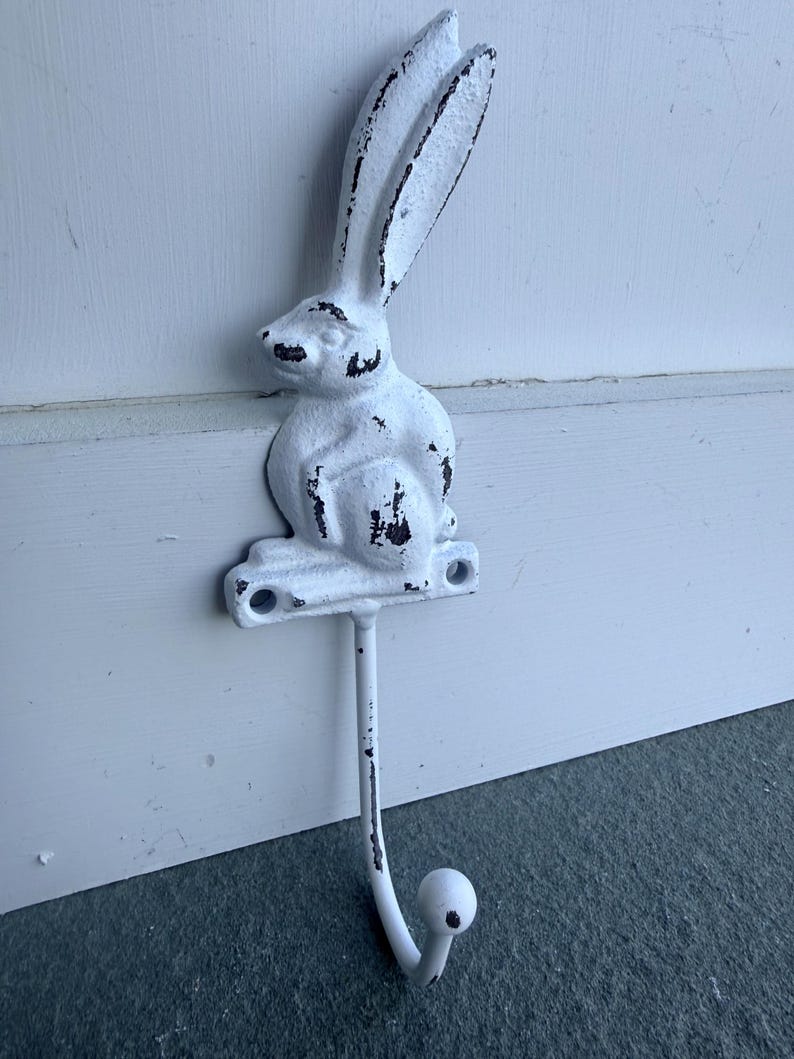 Distressed Cast Iron Rabbit Hook, White Distressed Metal, Spring Summer ...