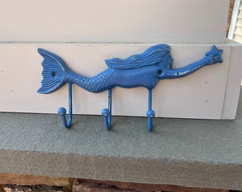 Distressed Cast Iron Mermaid Key Hook - Wildflower Blue Nautical Decor