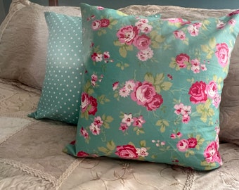 Pillow Covers/ Shabby Chic Pillow Cover/Teal Blue Poka Dot Pillow Cover/ Pink Flower Pillow Cover/ 2 Pillow Covers/ Handmade Pillow Cover